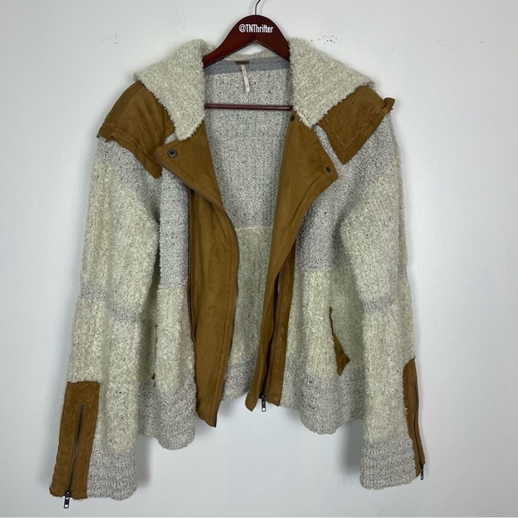 Free People Counting Sheep Sherpa Suede Moto Jacket Medium Large Oatmeal Camel - Picture 11 of 15